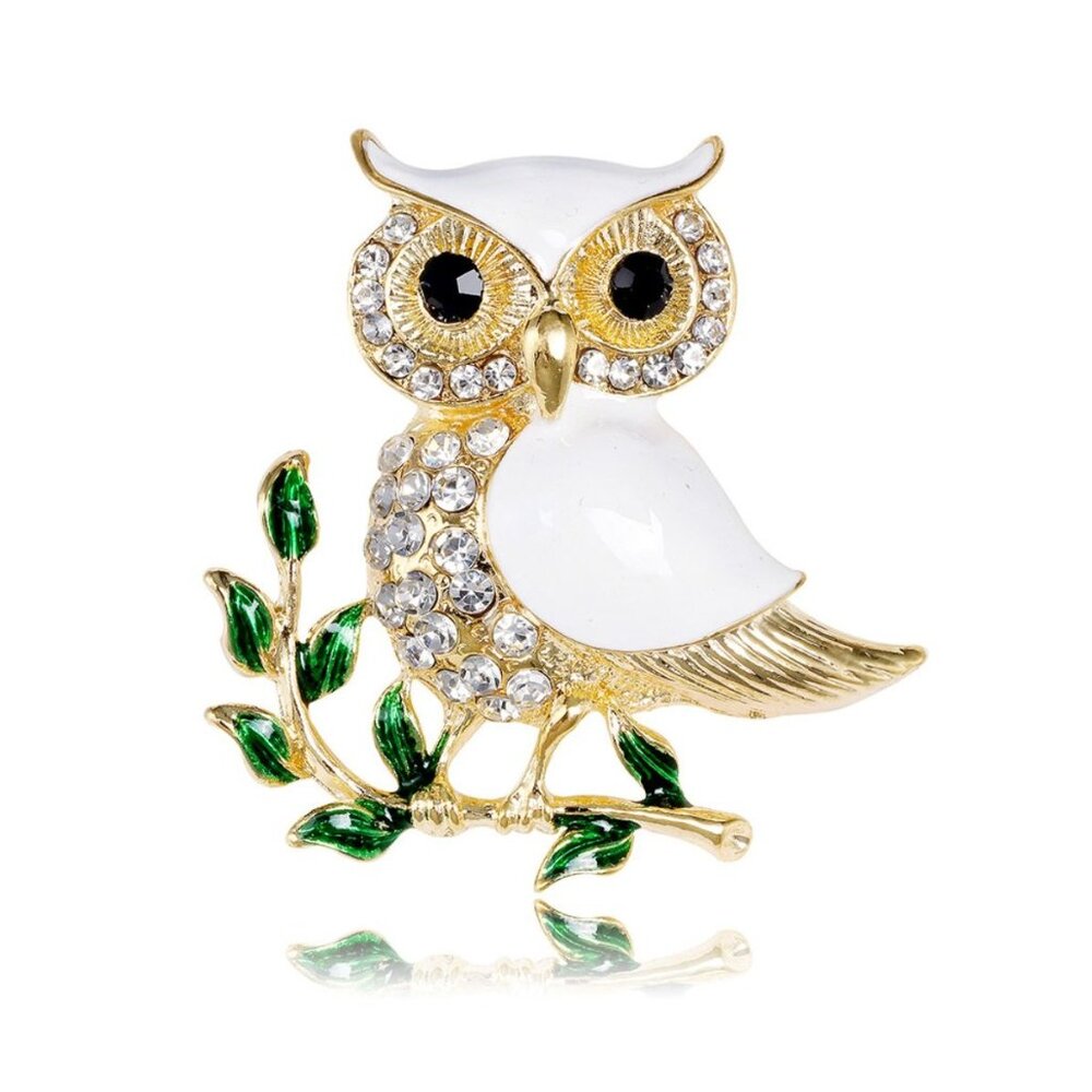 Owl Brooch Pin White Enamel & Crystal Rhinestones Gold Tone